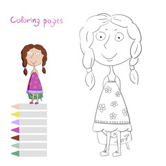 Children's coloring pages.Cute little girl with a backpack.Vector design, children's and school themes