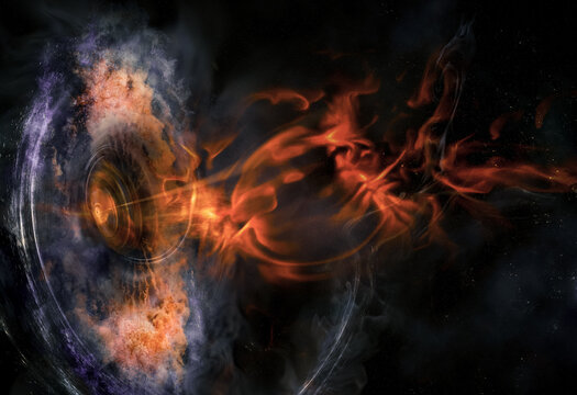 Abstract space wallpaper. Black hole with nebula over colorful stars and cloud fields in outer space. Plasma flame bursts out of the collapsar. Elements of this image furnished by NASA.