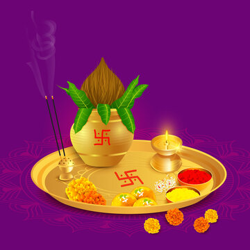 Elegant Golden Brass Aarti Thali With Kalash For Indian Festivals 