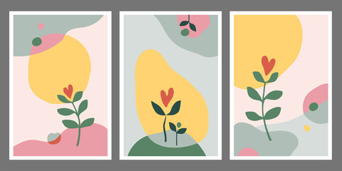 Modern minimalist abstract art print. Vector set of posters with a sprout of love. Decorative backgrounds with plant and abstract shapes. Printable minimal and natural wall art. Flat cartoon style.