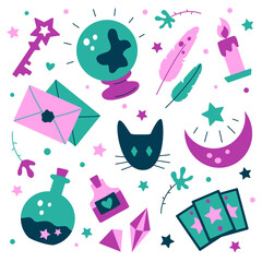 Set of cute magical things: crystal ball, tarot, crystals, potion, cat and other elements for witch. Magic elements for wizard. Flat cartoon style. Vector illustration isolated on a white background.