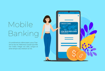 Flat vector mobile banking with young girl