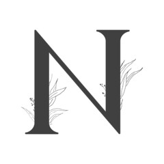 Vector flower alphabet. Design of letter N. Decoration of wedding invitations, cards, business cards of florists. Delicate twigs and leafs in a line art style