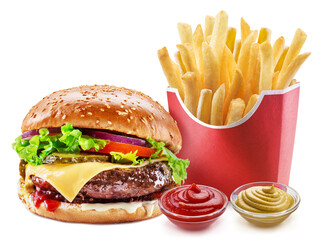 Delicious cheeseburger with cola and potato fries on the white background. Fast food concept.