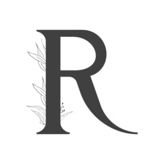 Vector flower alphabet. Design of letter R. Decoration of wedding invitations, cards, business cards of florists. Delicate twigs and leafs in a line art style