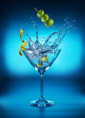 Martini glass with amazing splash as the result of olive berries falling down in it. Blue background.