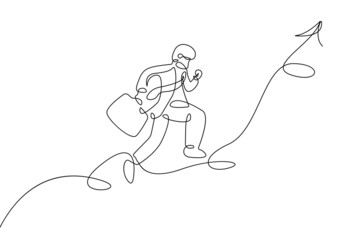 Way Up Business Concept. Continuous One Line Drawing of Businessman Way Up. Single Line Art of Man Runs Up Stairs. Vector EPS 10