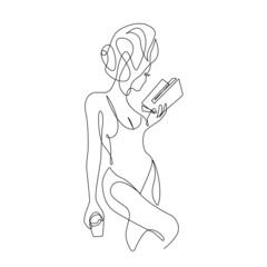 Minimalistic Female Figure and Book One Line Drawing. Linear Woman Body. Female Body Modern Abstract Line Art Drawing. Vector Illustration.