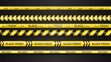 Black Friday warning tapes, ribbobs. Template for black Friday sale. Background with danger tapes, police ribbon sign variation. Vector illustration.