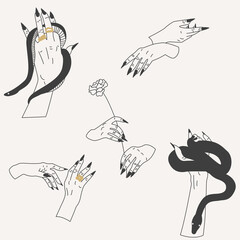 Hand drawn vector set of witches hands in different poses. Hands with snakes. Print design, stickers, flash tattoo