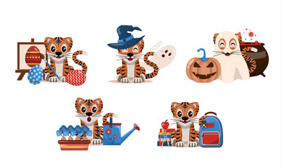 A set of cartoon tiger cubs. Vector illustrations for different holidays and events. Cute animals with school, holiday and lifestyle stuff