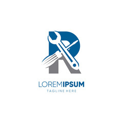 Letter R Screwdriver and Wrench Logo Design Vector Icon Graphic Emblem Illustration Background Template