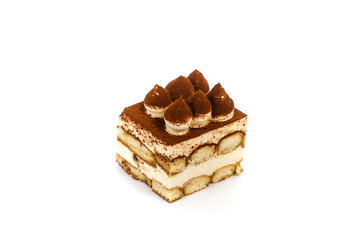 Freshly baked delicious tiramisu isolated on a white background