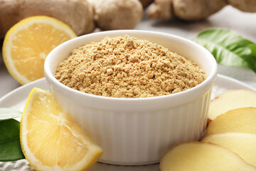 Composition of dry ginger, ingredients for tea. Fresh lemon, ginger.