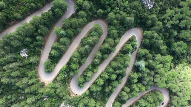 View from above, stunning aerial view of a car running along a serpentine road surrounded by green pine trees. Mount Limbara (Monte Limbara) Sardinia, Italy	