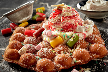 Gourmet party dessert with bubble waffle topped with candy