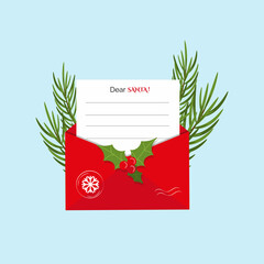 Christmas concept of a letter to Santa. Red postal envelope, fir branch. Flat vector illustration