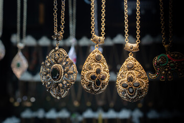 Closeup shot of vintage jewelry displayed in a shop