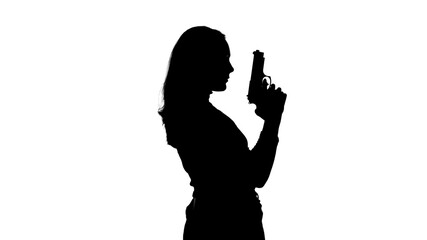 Photo of woman's silhouette with handgun on white