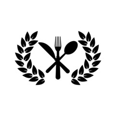 Spoon, Fork  and Knife with laurel wreath icon isolated on white background