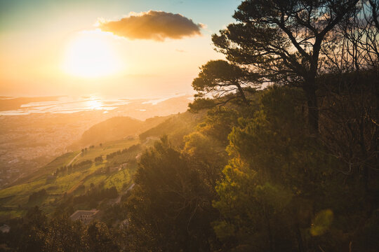 View from Erici to Trapani at sunset, Sicily, Italy