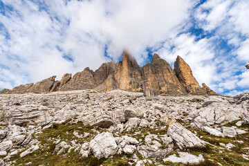 Mountain peaks of the Sesto Dolomites. South rock face of three peaks of Lavaredo (Tre Cime di Lavaredo or Drei Zinnen), UNESCO world heritage site, Trentino-Alto Adige and Veneto, Italy, Europe.