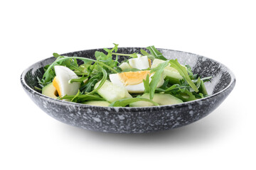 Plate with healthy salad and egg on white background