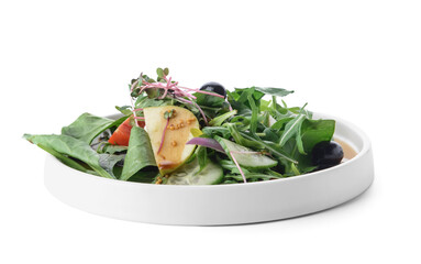 Plate with healthy salad and olives on white background