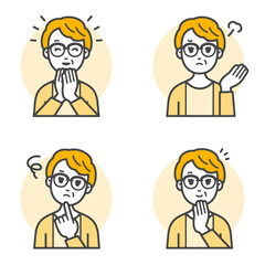 シンプルな線画のミドルシニア世代女性の喜怒哀楽感情ベクターイラストセット