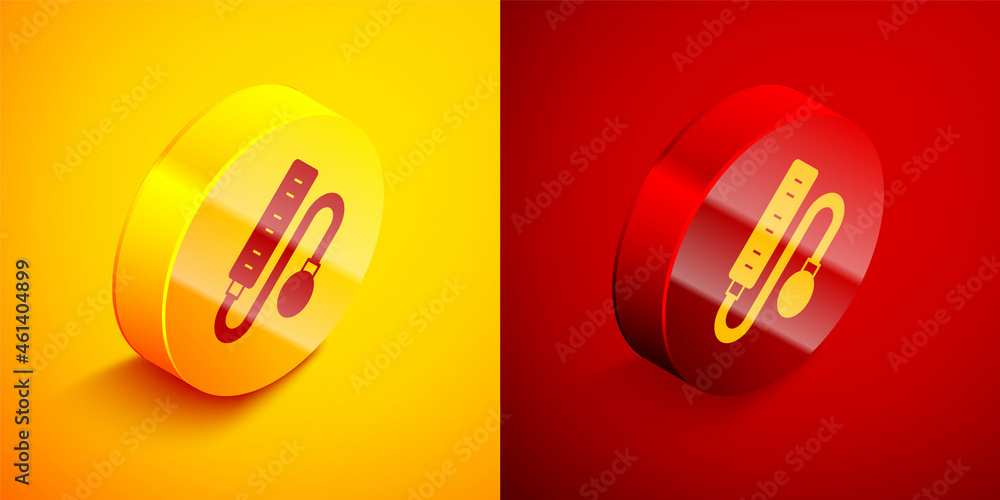 Poster isometric electric extension cord icon isolated on orange and red background. power plug socket. cir
