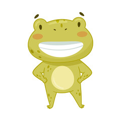 Cute happy frog. Green funny amphibian toad character cartoon vector illustration