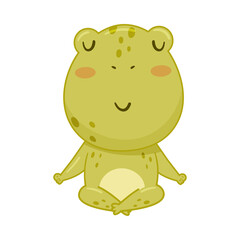 Cute frog meditating in lotus pose. Green funny amphibian toad character cartoon vector illustration