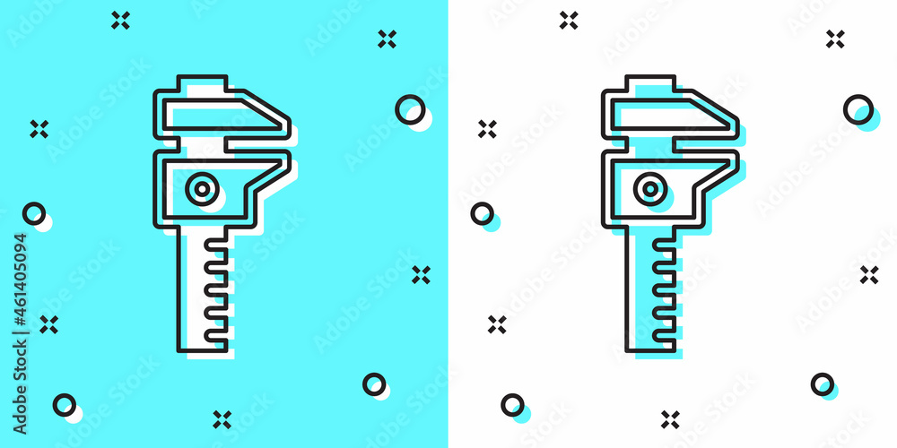 Poster black line calliper or caliper and scale icon isolated on green and white background. precision meas