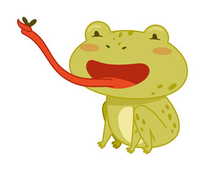 Cute frog catching fly with tongue. Green funny amphibian toad character cartoon vector illustration