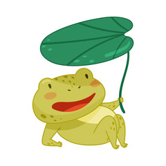 Cute frog lying under lotus leaf. Green funny amphibian toad character cartoon vector illustration