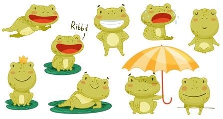 Cute frog activities set. Green funny amphibian toad character smiling, jumping and croaking cartoon vector illustration