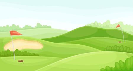 Countryside golf course with holes and red flags. Play tournament, competition invitation card, poster, banner, template vector illustration