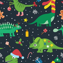 Christmas funny dinosaurs, seamless pattern.