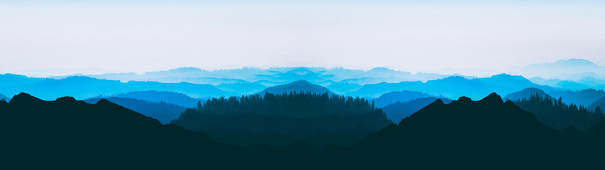 Blue landscape background banner panorama illustration -.Breathtaking view with black silhouette of mountains, hills and forest