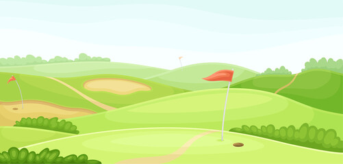 Green countryside golf course with red flag. Play tournament, competition invitation card, poster, banner, template vector illustration