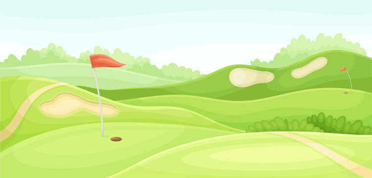 Green golf course with hole, red flag and sand traps. Play tournament, competition invitation card, poster, banner, template vector illustration