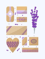 Set of holiday boxes with lavender. The boxes are decorated with decorative elements in the form of lace and lavender bouquets. Design element. Vector illustration.