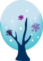 winter tree with snowflakes in blue, vector drawing, isolate on a white background