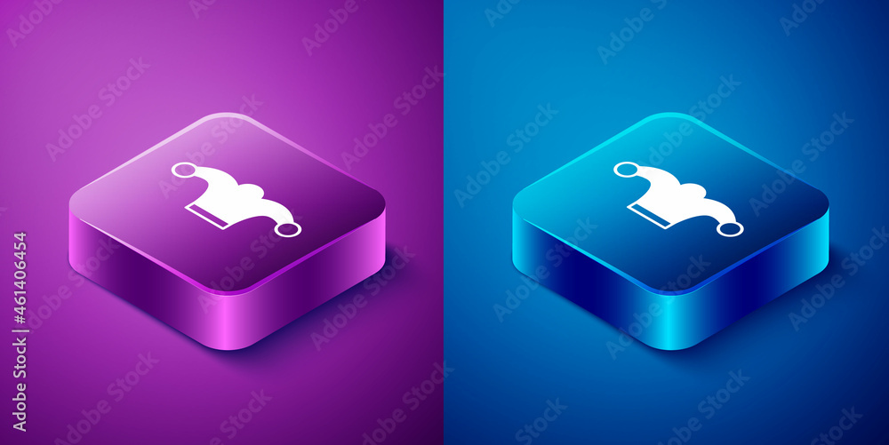 Sticker Isometric Jester hat with bells isolated on blue and purple background. Clown icon. Amusement park funnyman sign. Square button. Vector