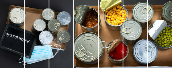 Collage of caned vegetables such as beans, peas, corn, tomatos in cardboard box.