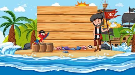 Pirate man and parrot bird at the beach daytime scene with an empty banner template