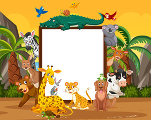 Fototapeta premium Empty wooden frame with various wild animals in the forest