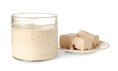 Jar with fresh sourdough and yeast on white background