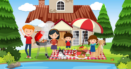 Obraz na płótnie Canvas Happy family picnic at the yard