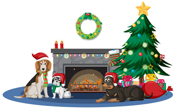 Fireplace with many dogs and Christmas decorations